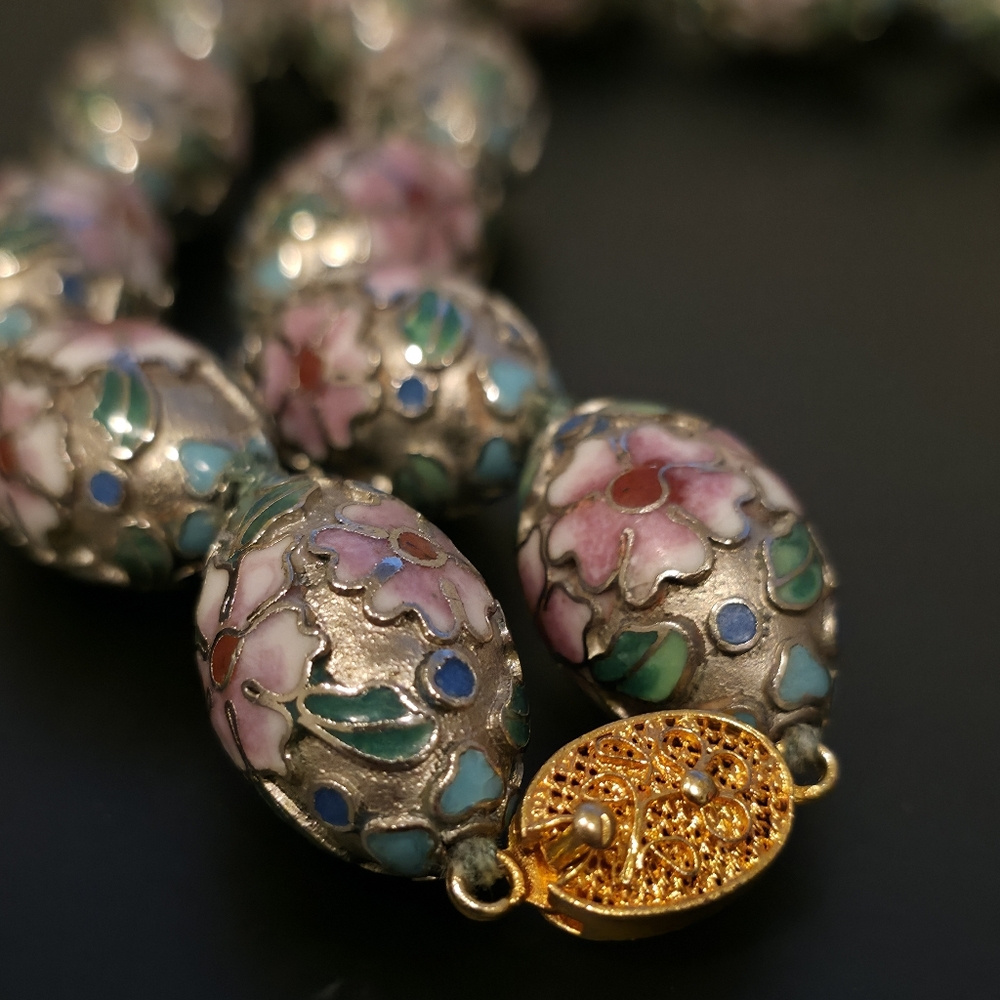 Vintage Chinese Cloissone Oval Beaded Floral Choker Necklace Stamped - Picture 2 of 12